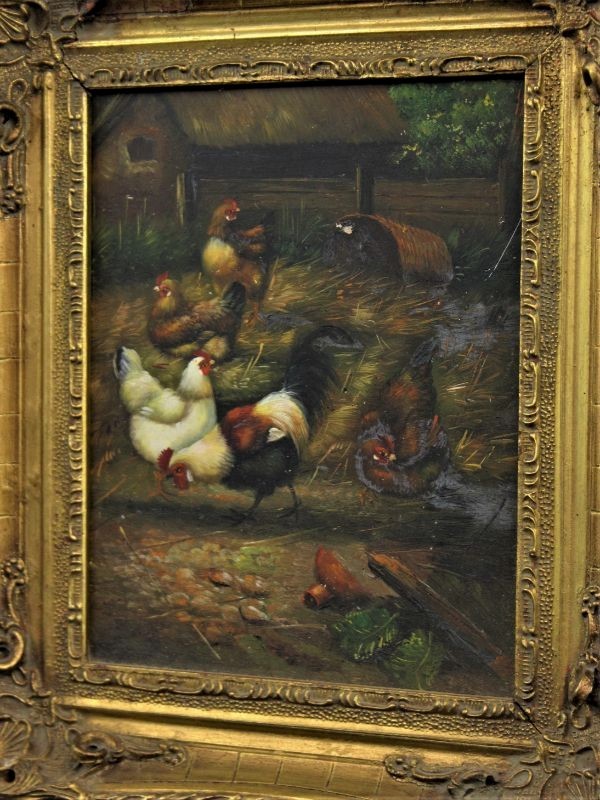 Olieverf schilderij met kippen